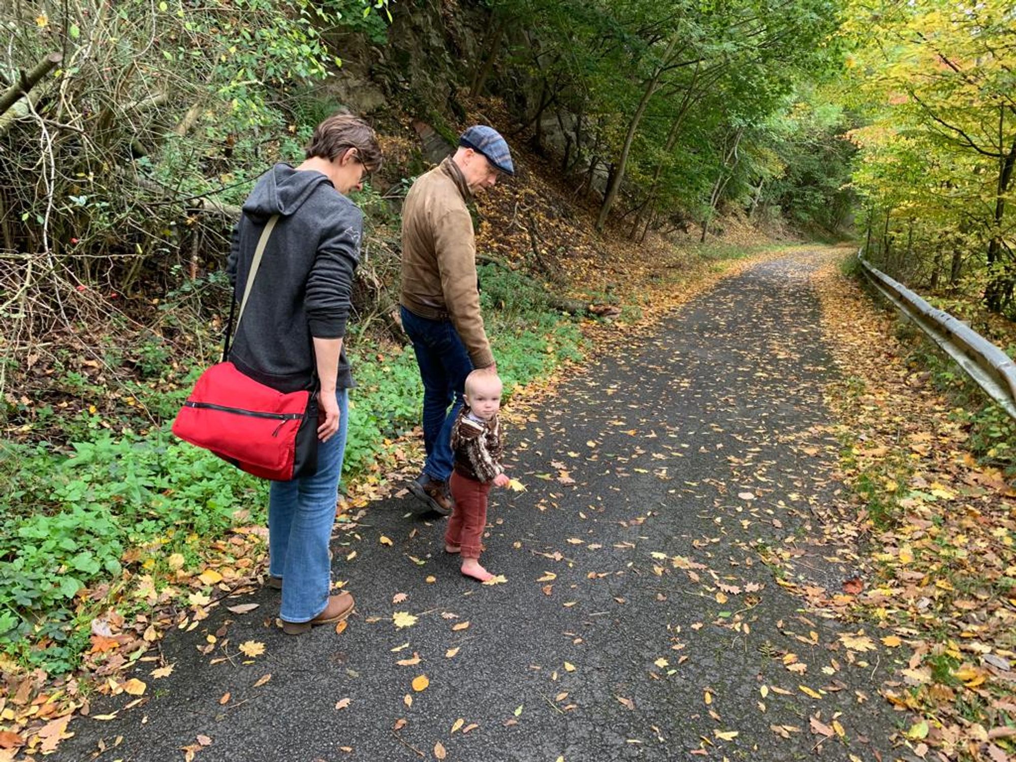 Een foto genomen op een asfalt bospad, dat zich uitstrekkend in de verte met een flauwe bocht naar rechts beweegt. Aan de linkerkant een heuvelrand, begroeid met bomen en struiken. Rechts een vangrail waarachter meer bomen te zien zijn. Het pad is bezaaid met herstbladeren. Een drietal personen, 2 volwassenen (man, vrouw) en een klein kind wandelen over het pad, met hun rug naar de camera. De man houdt het linkerhandje van het kind vast, in de rechterhand houdt het kind een herfstblaadje. De vrouw draagt een rode messenger-bag, donkere hoodie en spijkerbroek. De man draagt een platte pet, bruine jas en spijkerbroek. Het kind kijkt naar achter richting de camera, de volwassenen hebben hun blik op het kind gericht.